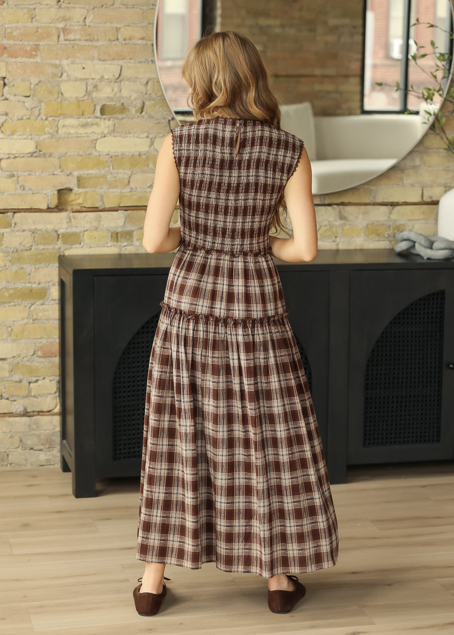 Smocked Brown Plaid Lace Trim Midi Dress FF Dresses