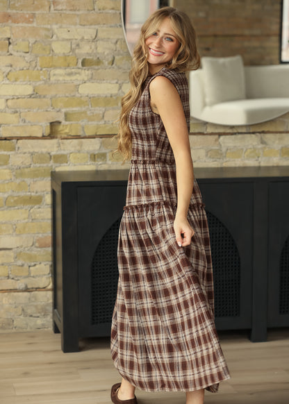 Smocked Brown Plaid Lace Trim Midi Dress FF Dresses
