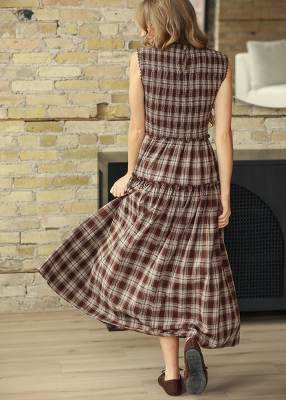 Smocked Brown Plaid Lace Trim Midi Dress FF Dresses