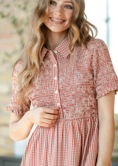 Smocked Button Top Gingham Midi Dress FF Dresses