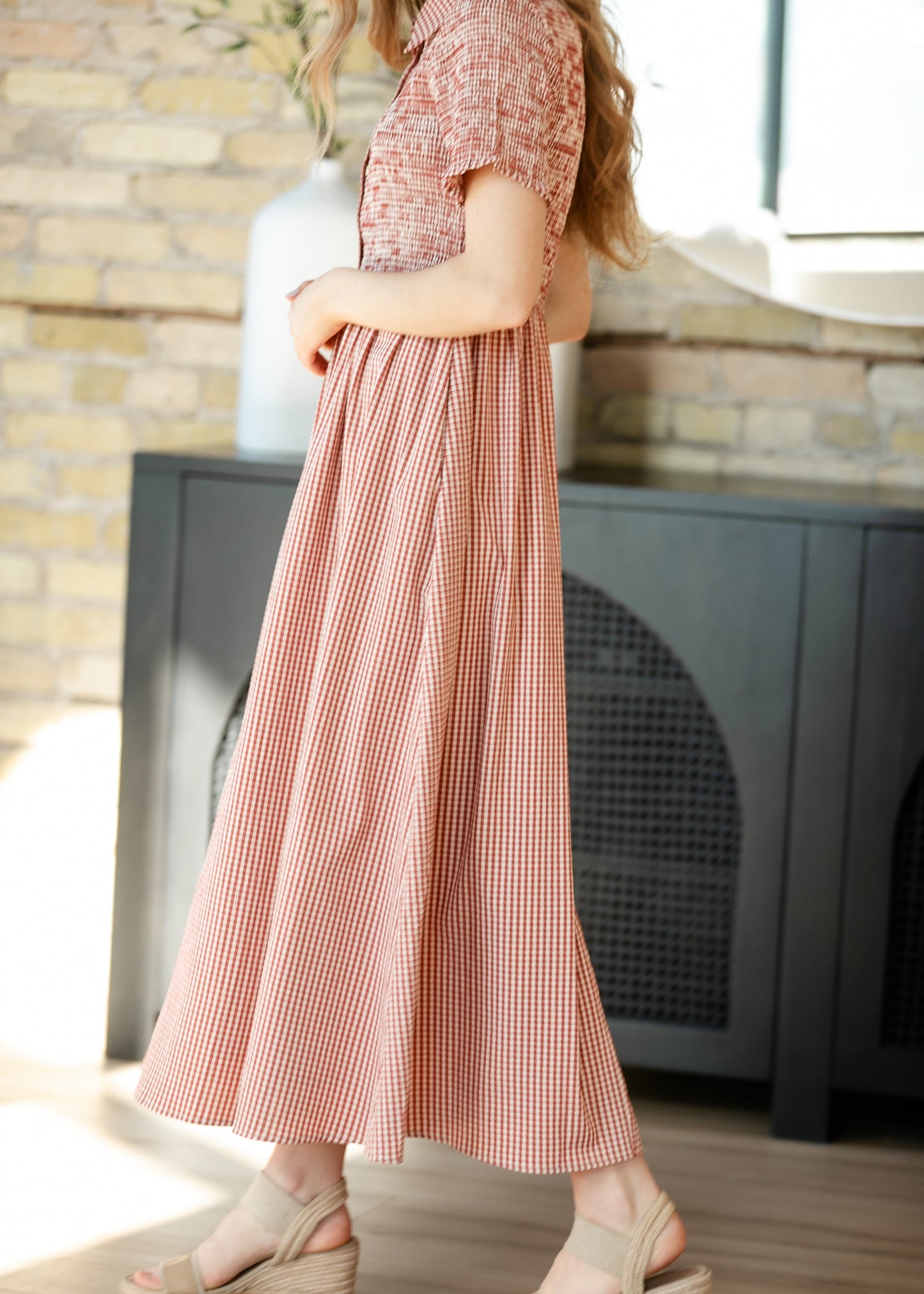 Smocked Button Top Gingham Midi Dress FF Dresses