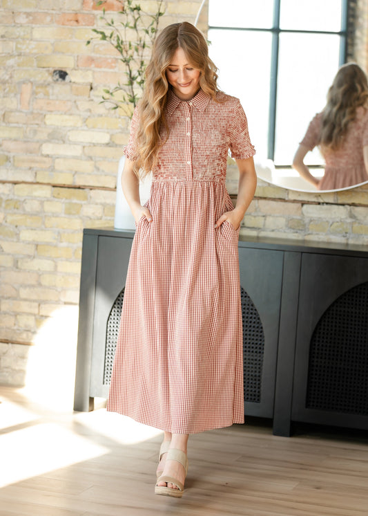 Smocked Button Top Gingham Midi Dress FF Dresses