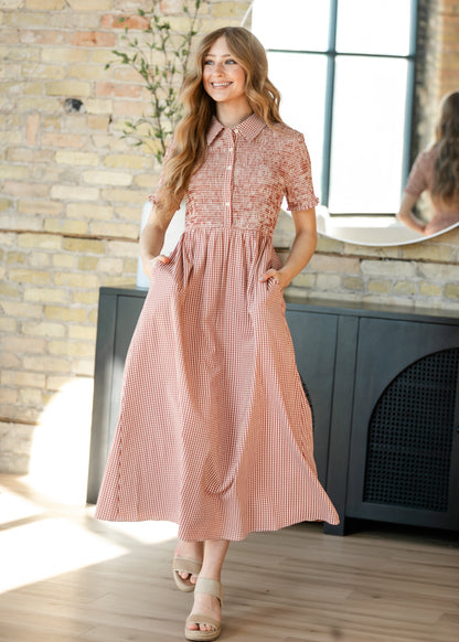 Smocked Button Top Gingham Midi Dress FF Dresses