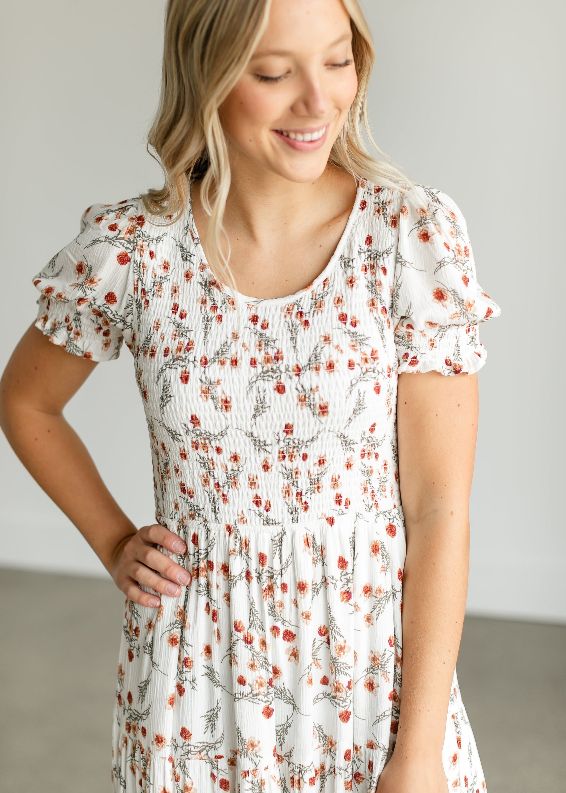 Smocked Floral Short Sleeve Midi Dress FF Dresses