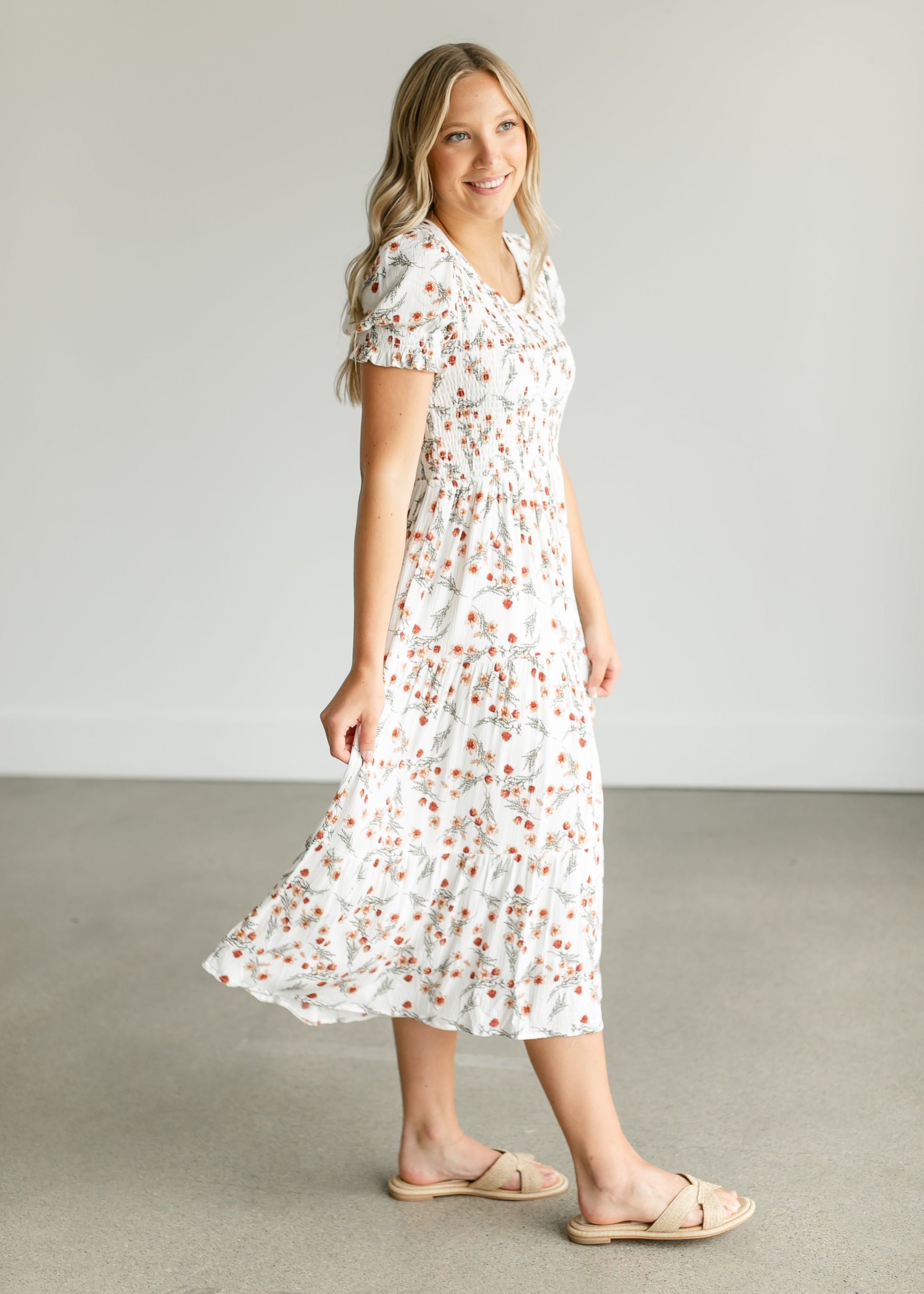 Smocked Floral Short Sleeve Midi Dress FF Dresses