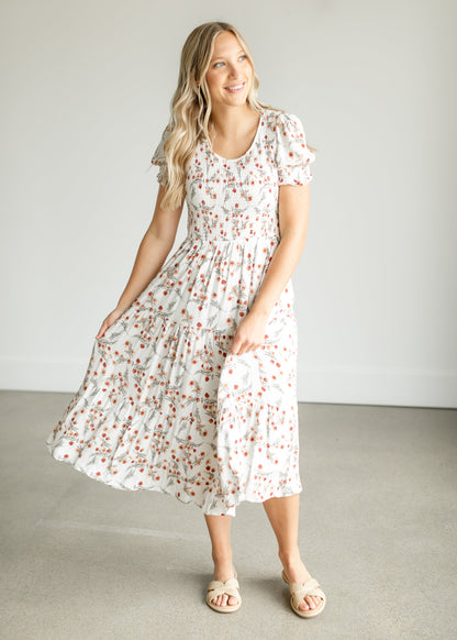 Smocked Floral Short Sleeve Midi Dress FF Dresses XS