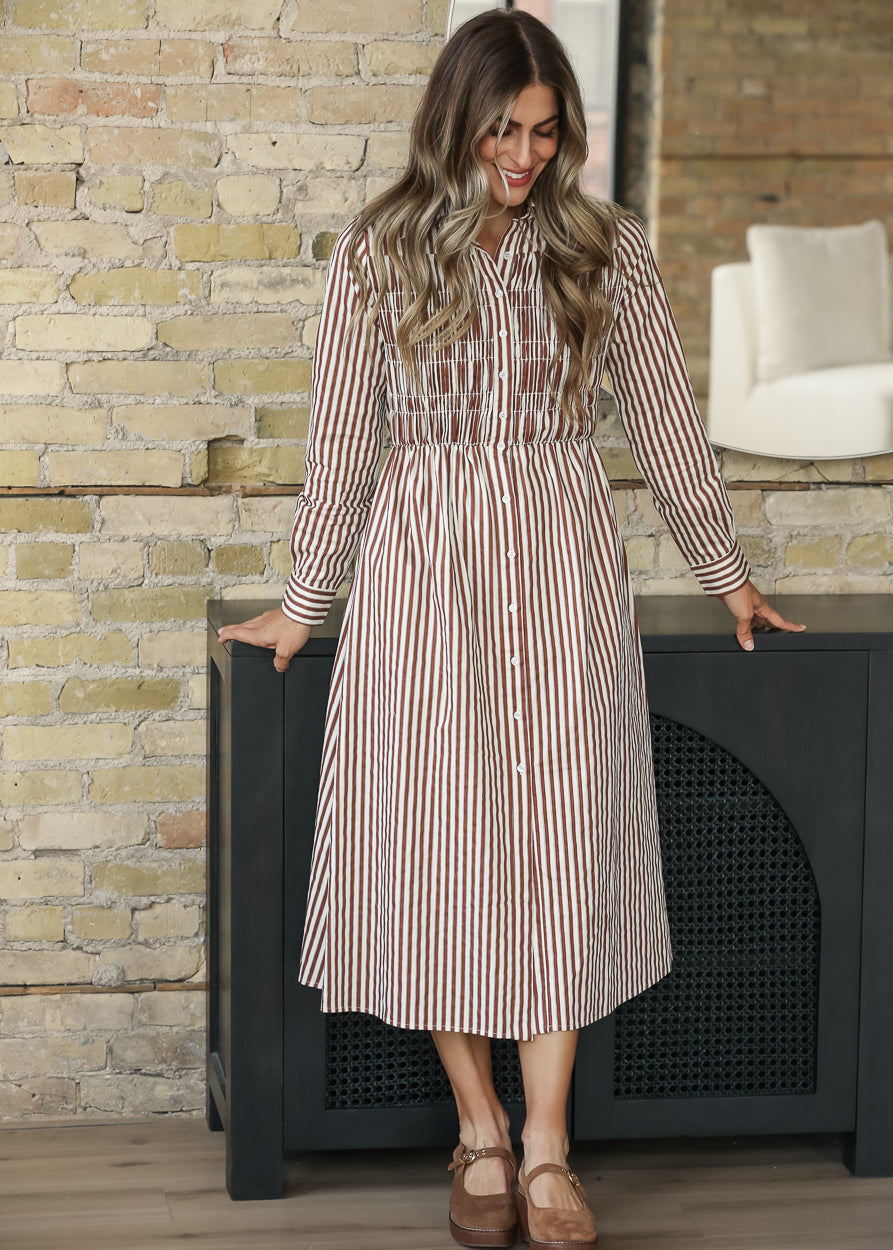 Smocked Long Sleeve Striped Maxi Dress FF Dresses