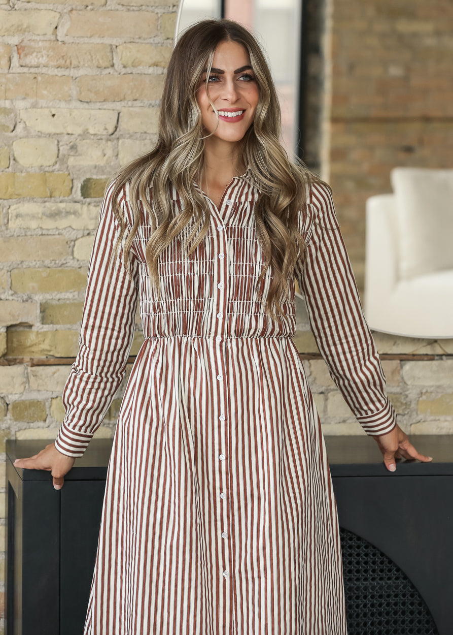 Smocked Long Sleeve Striped Maxi Dress FF Dresses