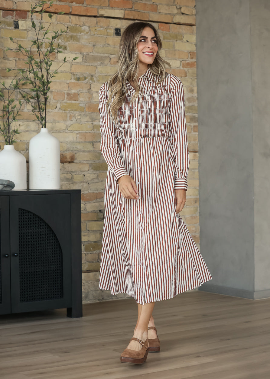 Smocked Long Sleeve Striped Maxi Dress FF Dresses