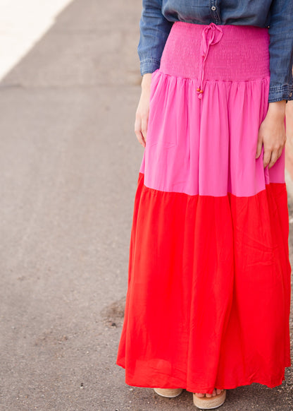 Smocked Red and Pink Color Block Maxi Skirt - FINAL SALE Skirts