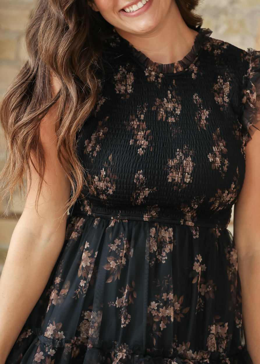 Smocked Ruffle Detail Floral Midi Dress FF Dresses