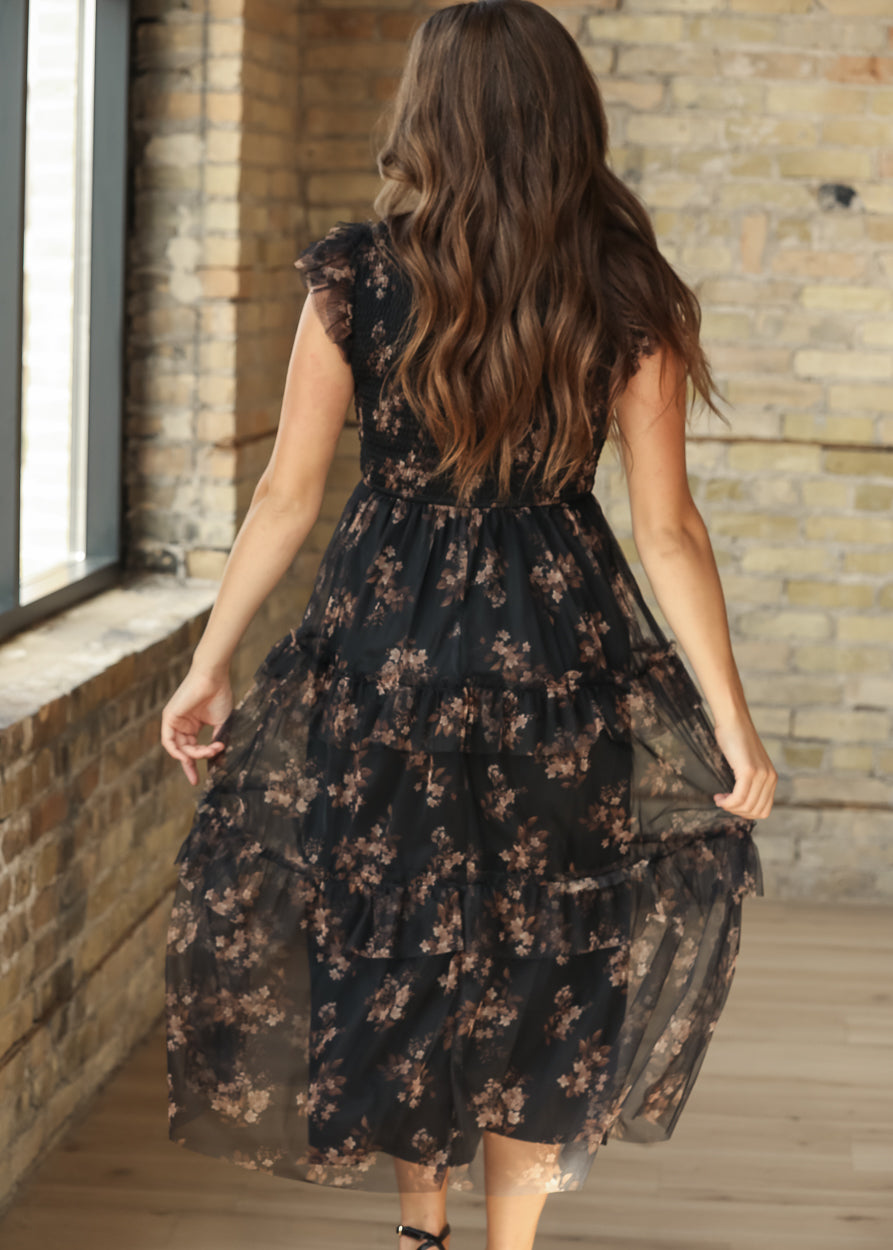 Smocked Ruffle Detail Floral Midi Dress FF Dresses