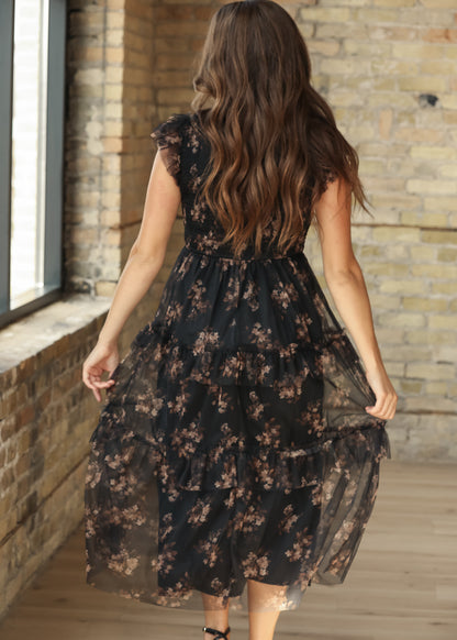 Smocked Ruffle Detail Floral Midi Dress FF Dresses