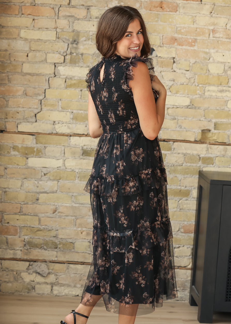Smocked Ruffle Detail Floral Midi Dress FF Dresses