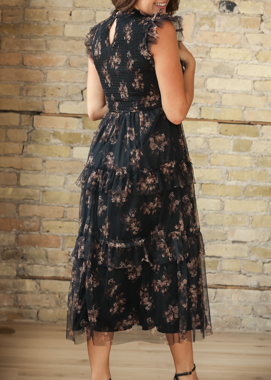 Smocked Ruffle Detail Floral Midi Dress FF Dresses