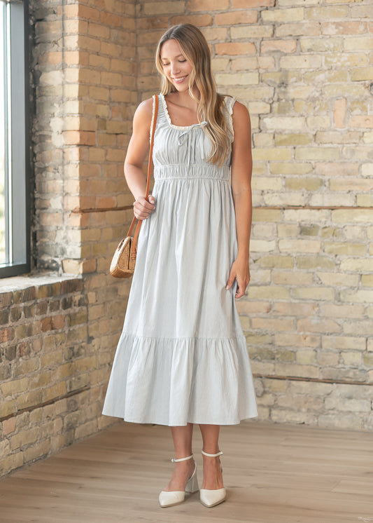 Smocked Stripe Tiered Midi Dress FF Dresses