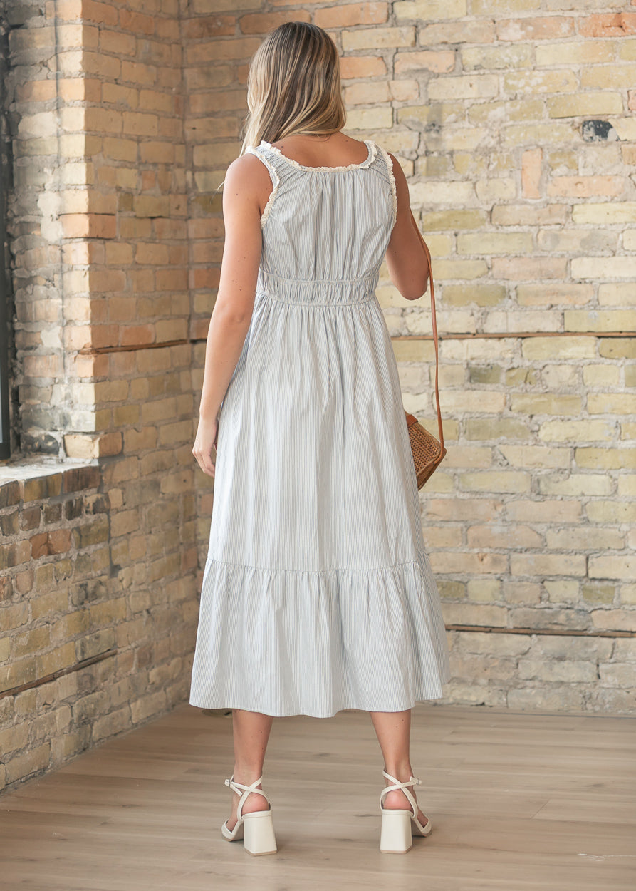 Smocked Stripe Tiered Midi Dress FF Dresses