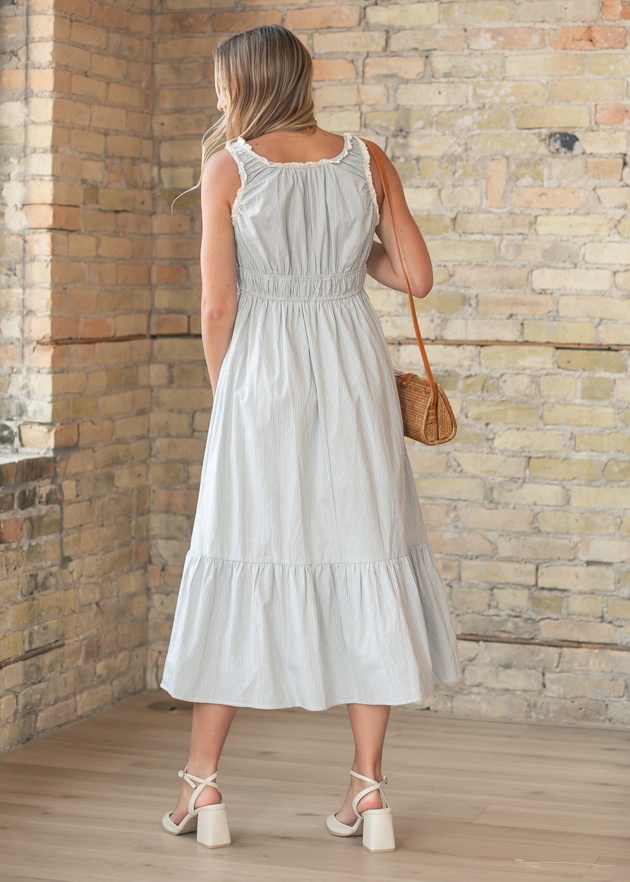 Smocked Stripe Tiered Midi Dress FF Dresses