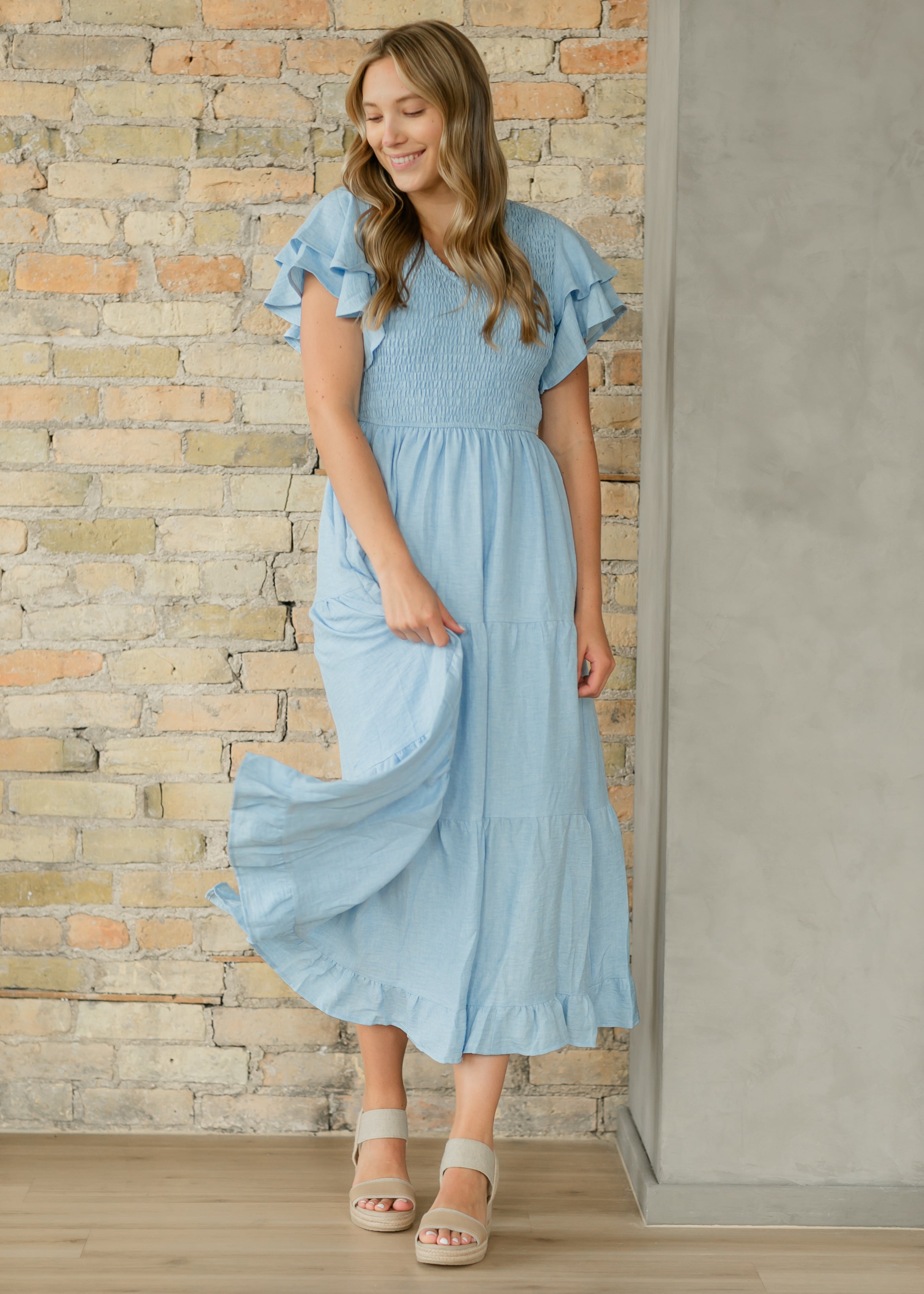 Smocked Tiered Flutter Sleeve Maxi Dress  Inherit Co.