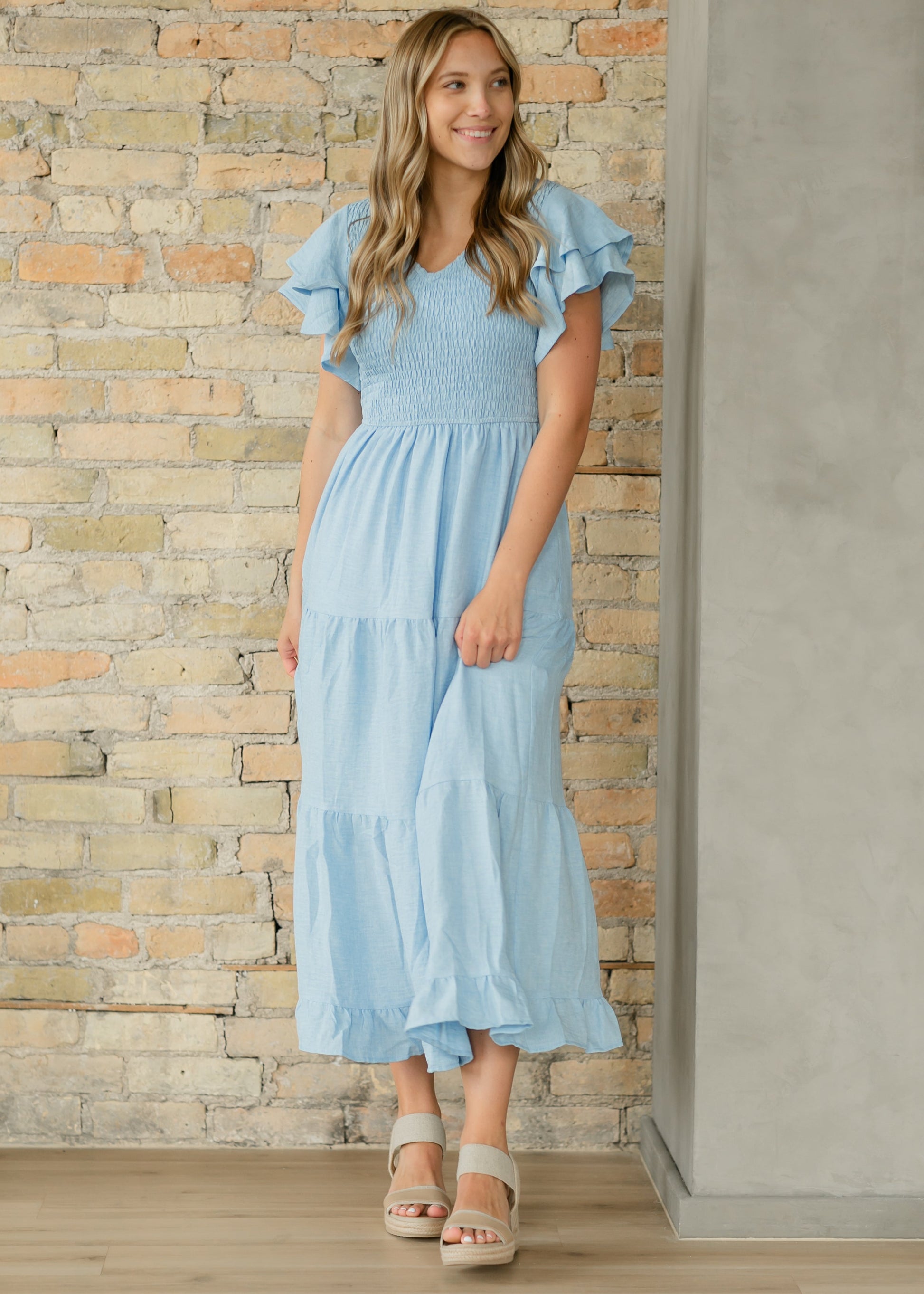 aqua flutter sleeve tiered maxi dress Short Flutter Sleeve V Neck Tiered Maxi Dress