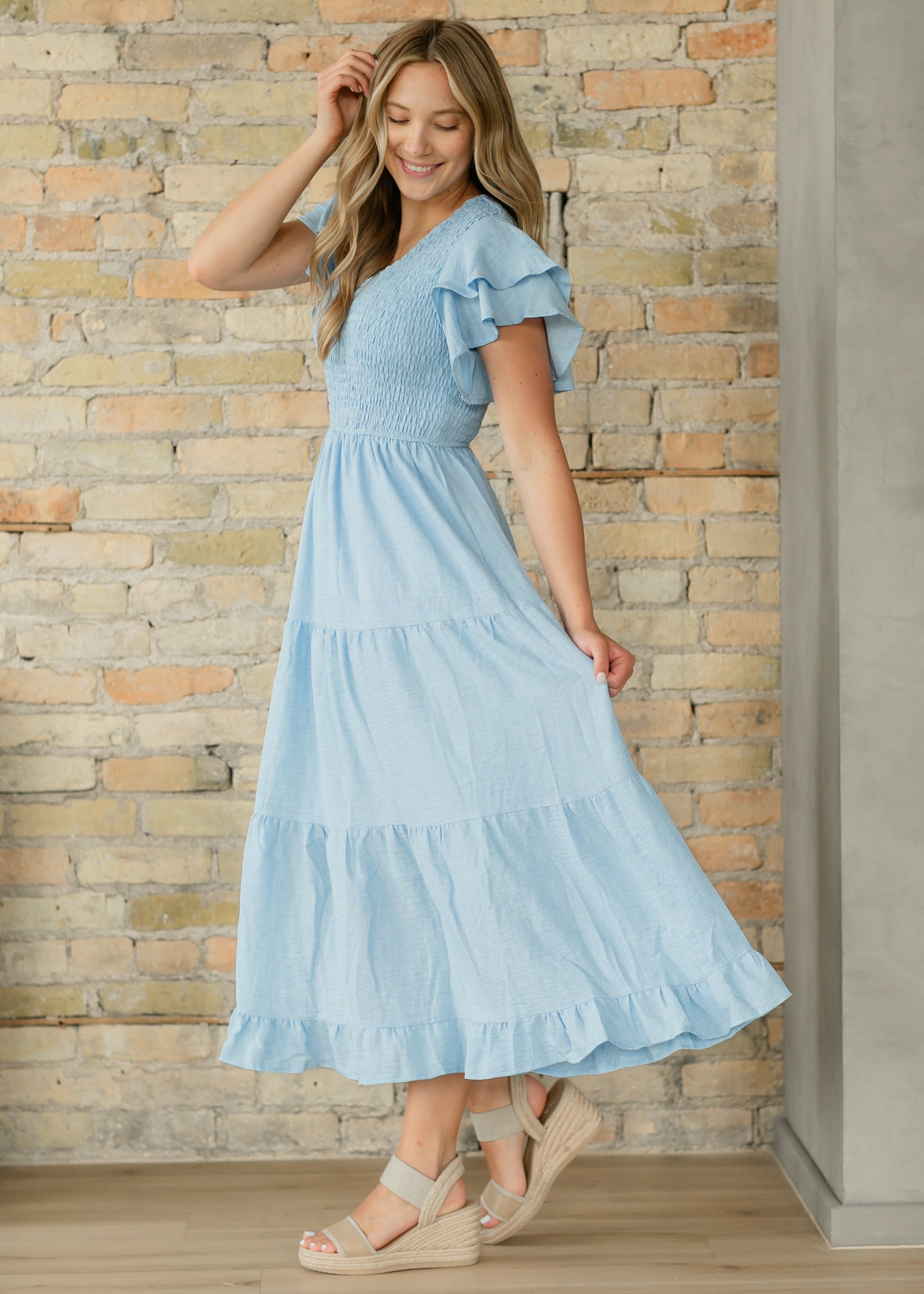 Smocked Tiered Flutter Sleeve Maxi Dress S Smocked Tiered Flutter Sleeve Maxi Dress S