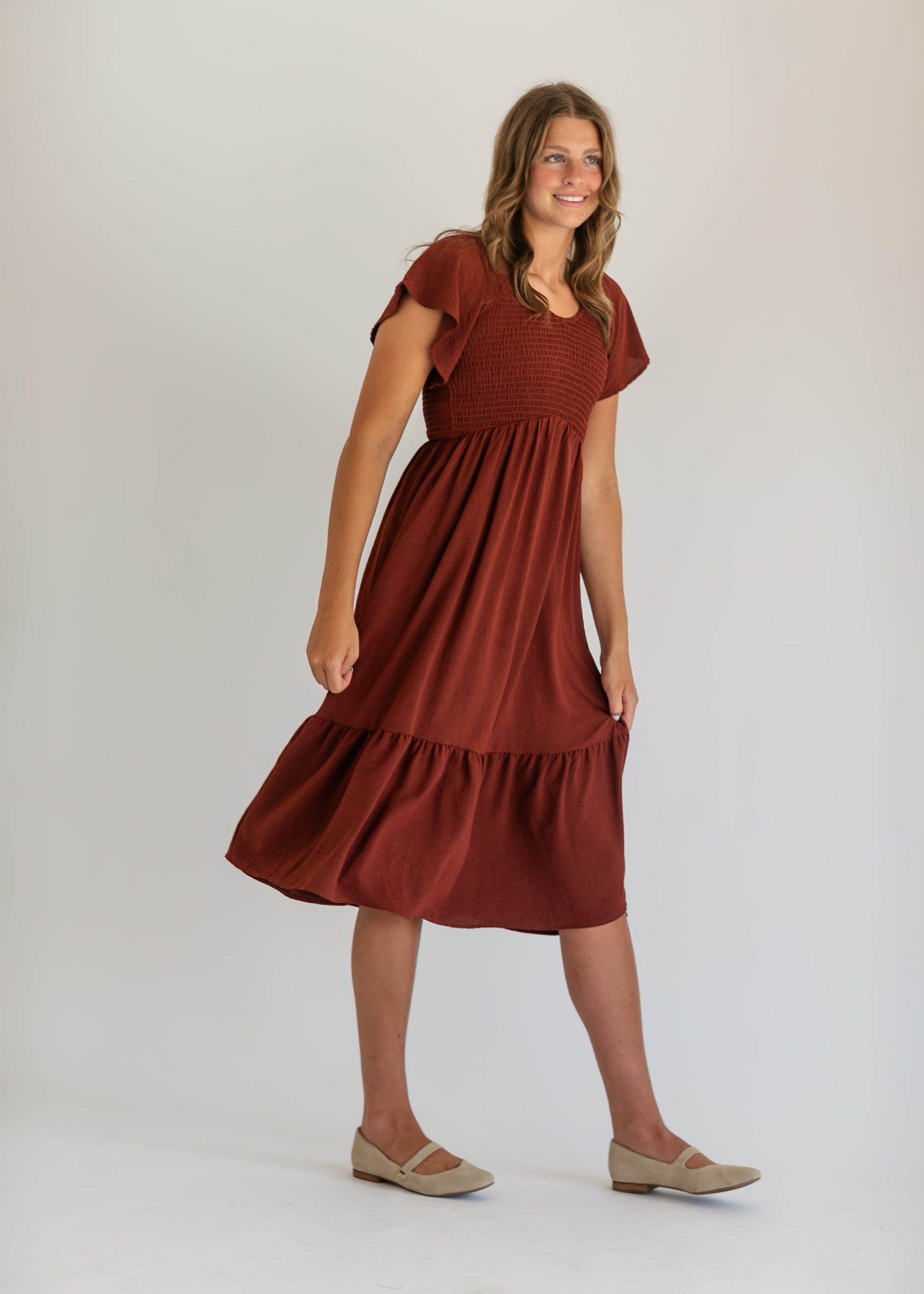 Smocked V-neck Flutter Sleeve Midi Dress FINAL SALE – Inherit