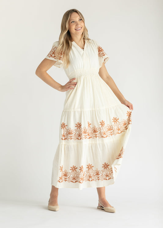 Smocked Waist Embroidered Maxi Dress FF Dresses Cream / S
