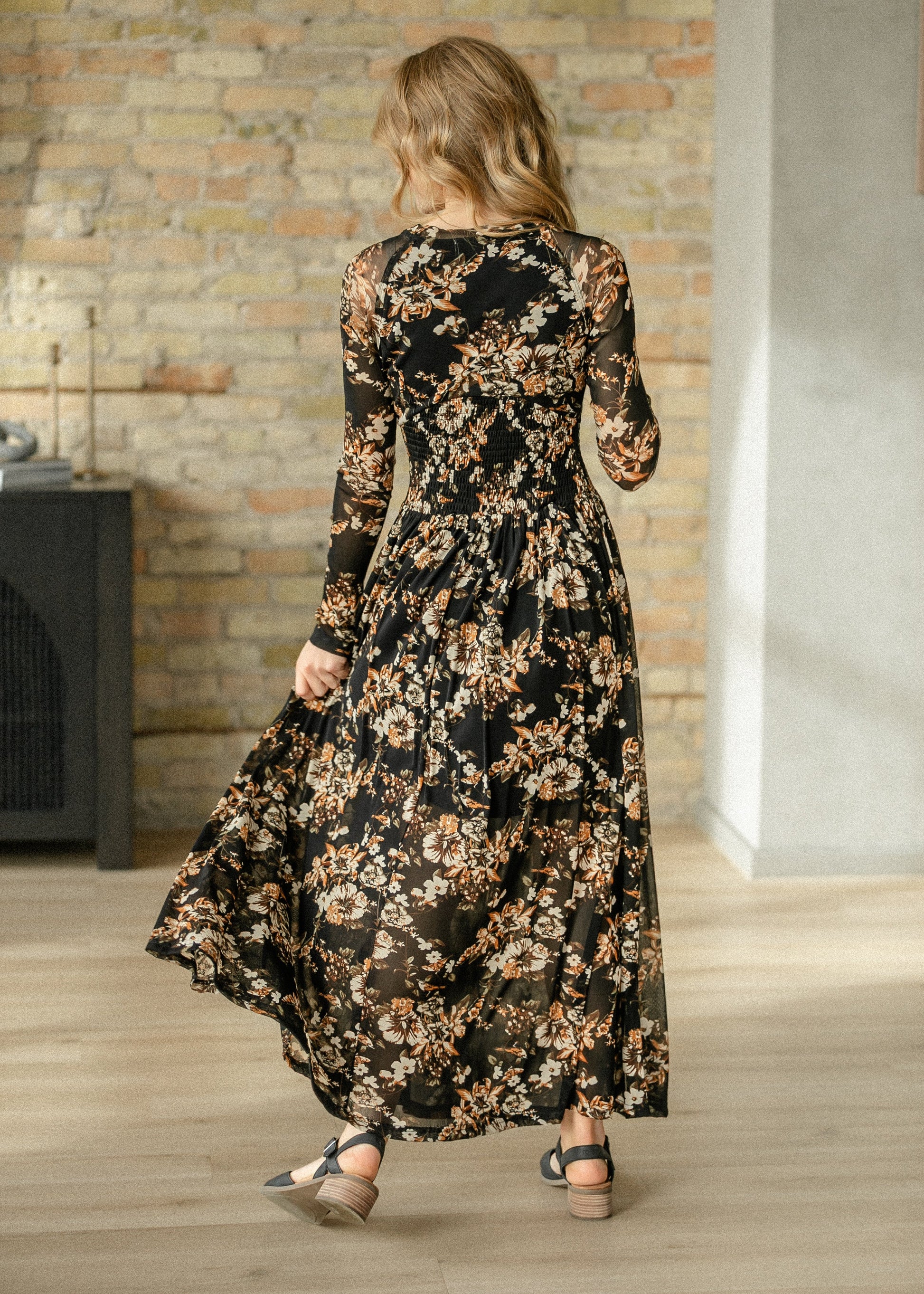 Smocked Waist Floral Mesh Maxi Dress FF Dresses