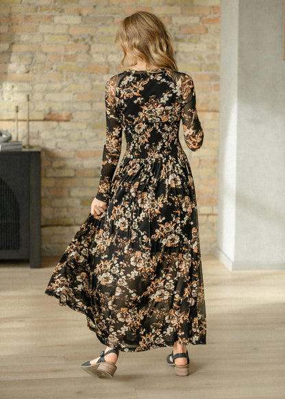 Smocked Waist Floral Mesh Maxi Dress FF Dresses