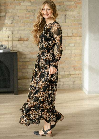 Smocked Waist Floral Mesh Maxi Dress FF Dresses