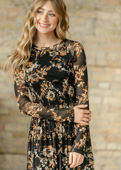 Smocked Waist Floral Mesh Maxi Dress FF Dresses