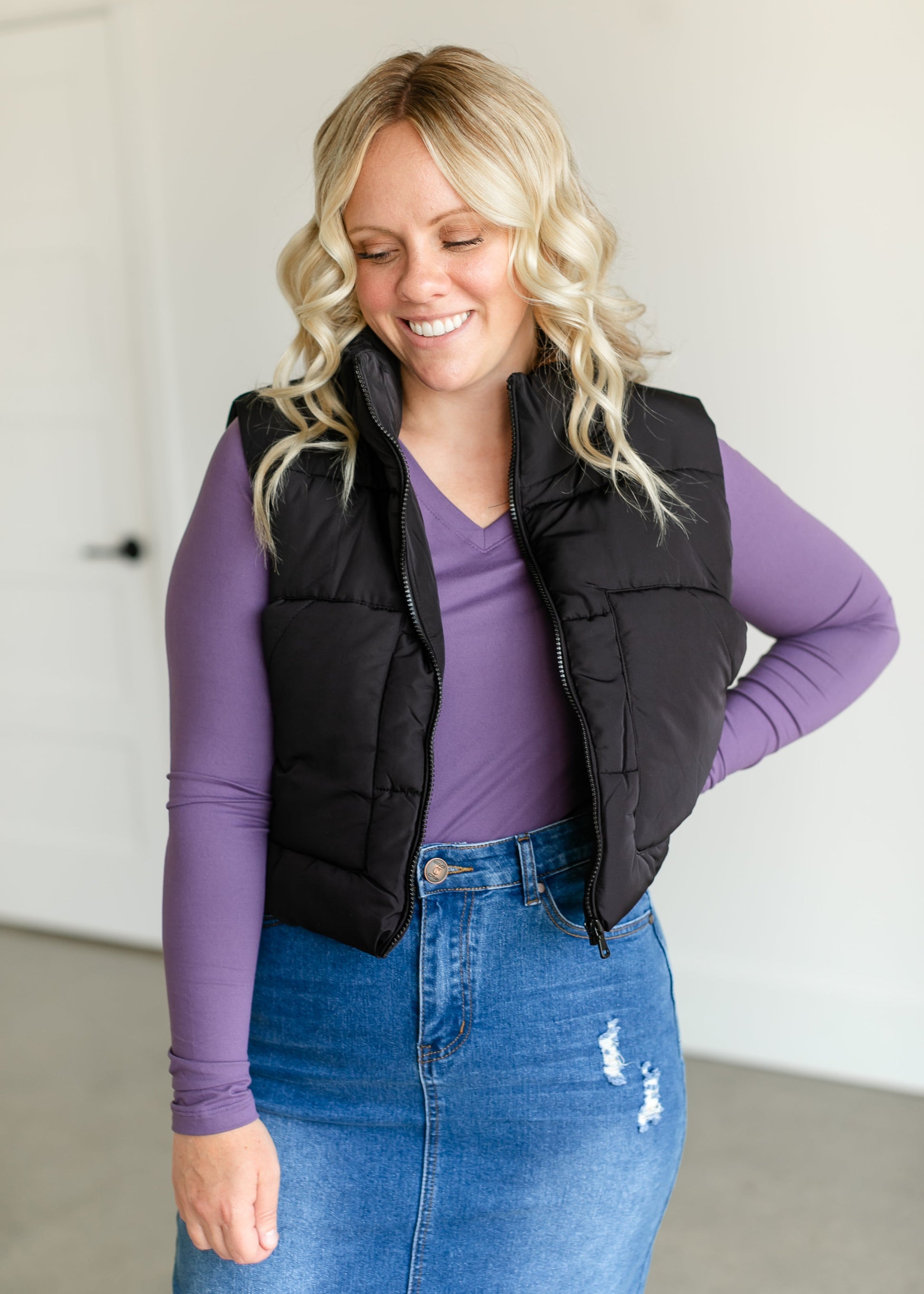 Zip Front Cropped Puffer Vest FF Tops