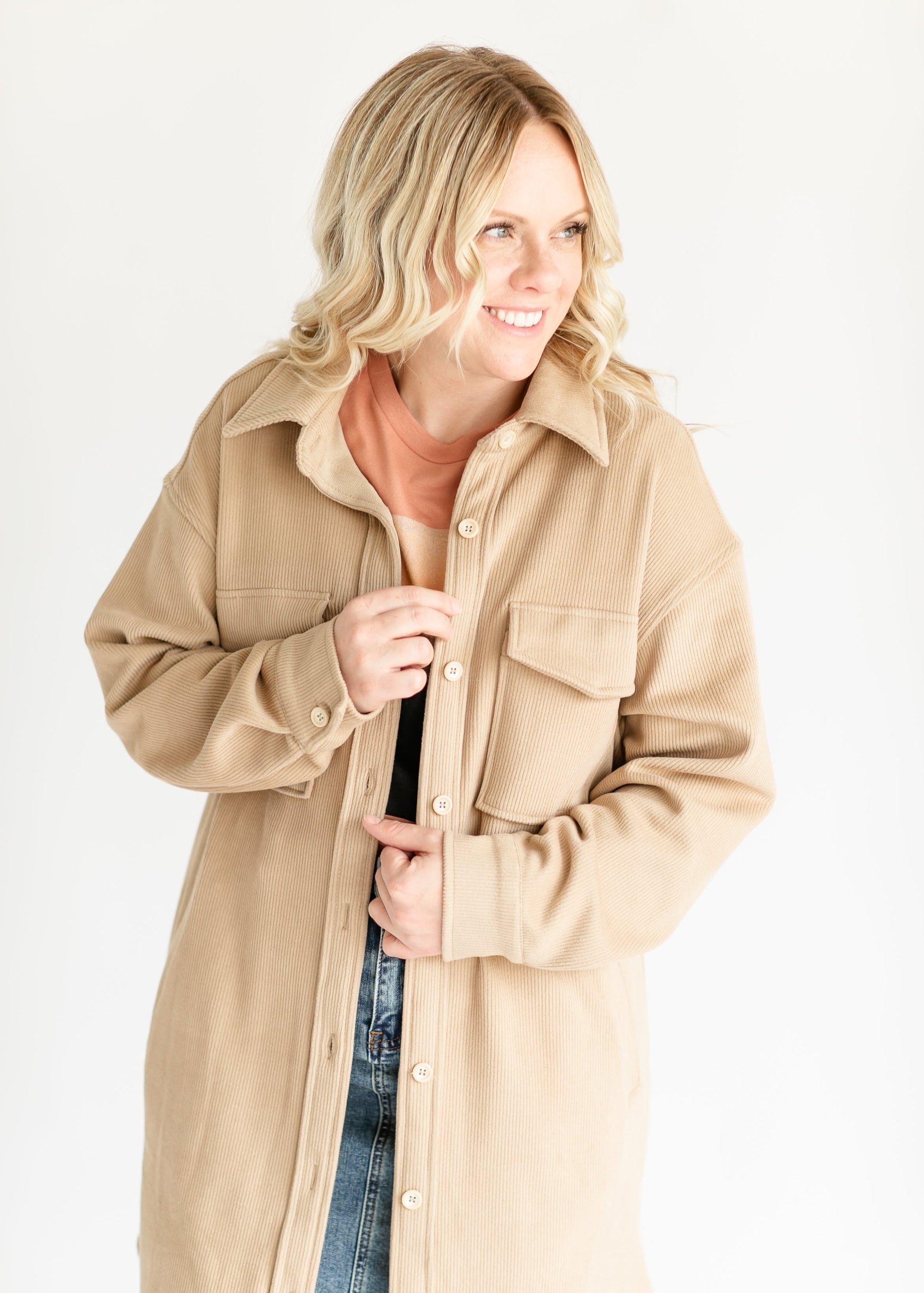 Soft Corduroy Button Up Duster Shacket FF Tops