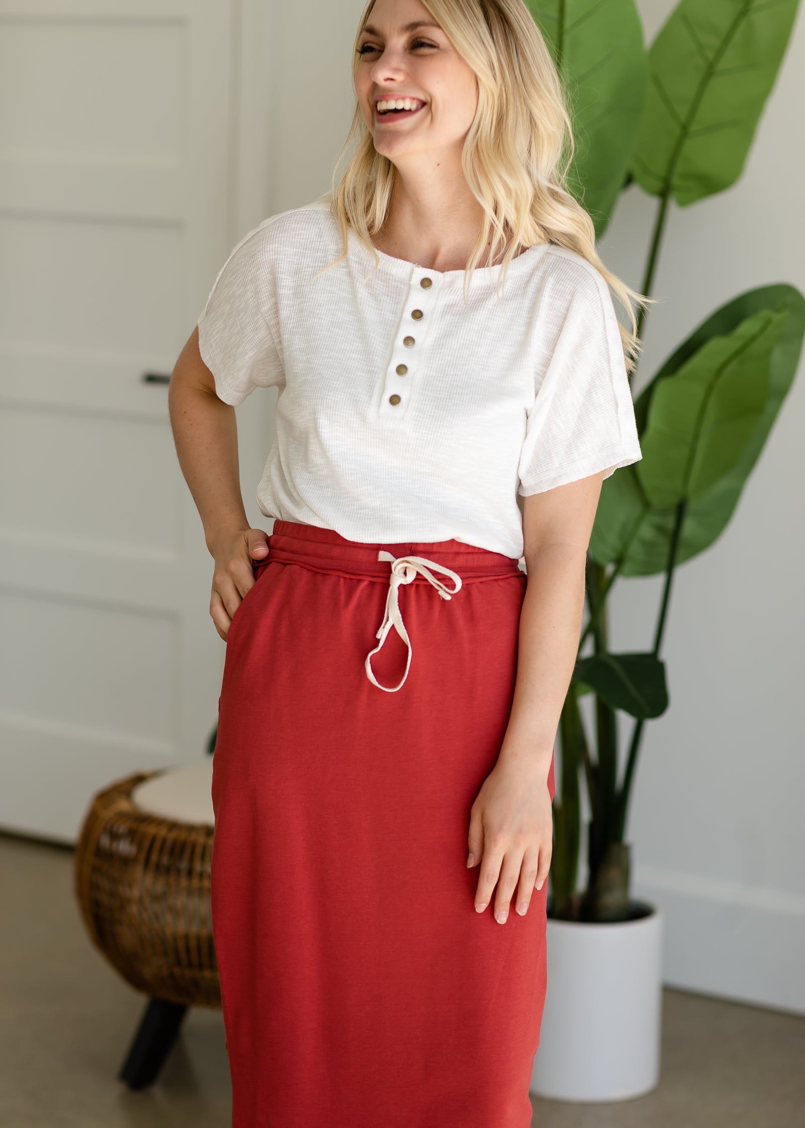 Soft Cotton Drawstring Midi Skirt - FINAL SALE FF Skirts S / Red