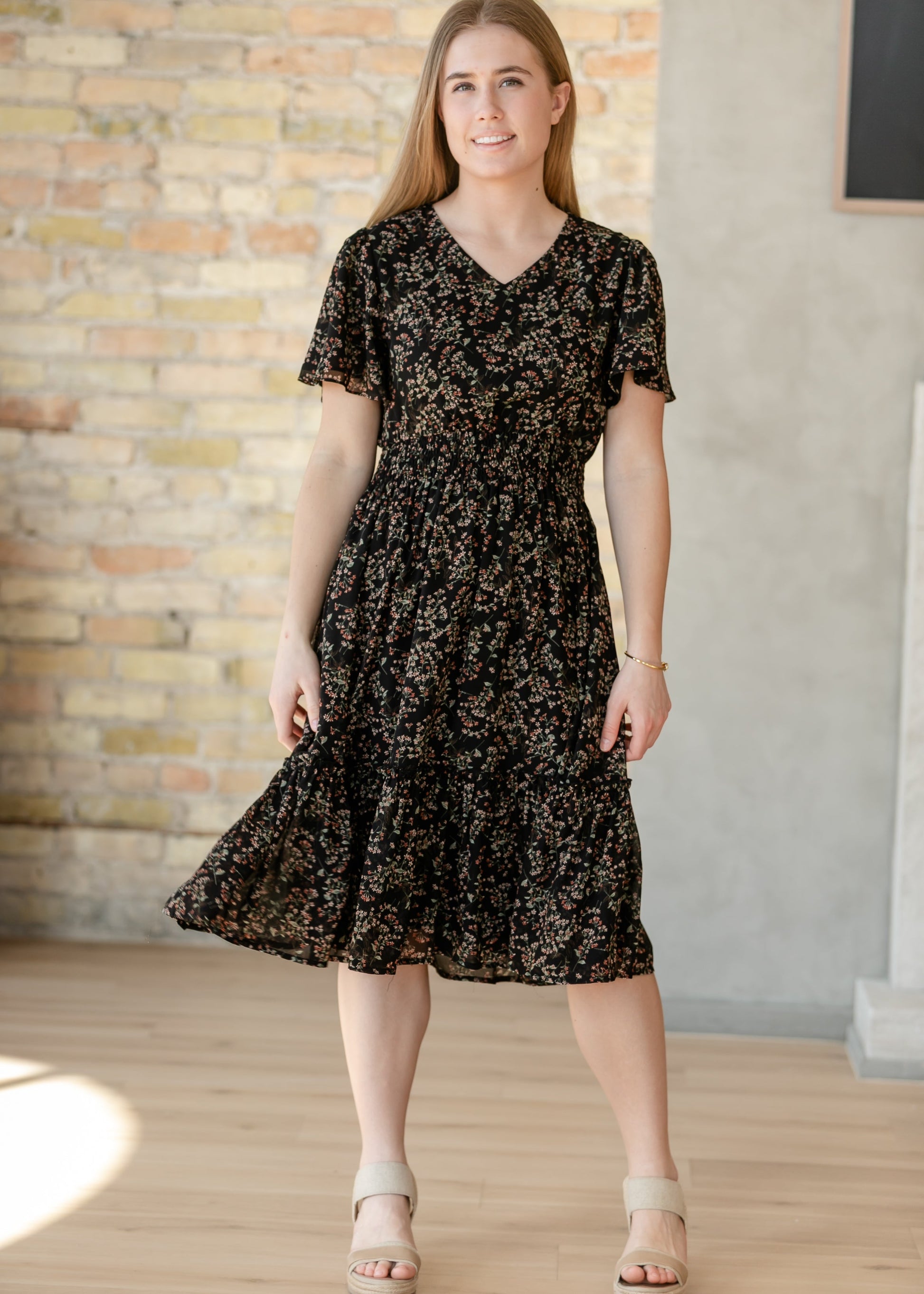 Sophie Black Floral V-Neck Midi Dress IC Dresses