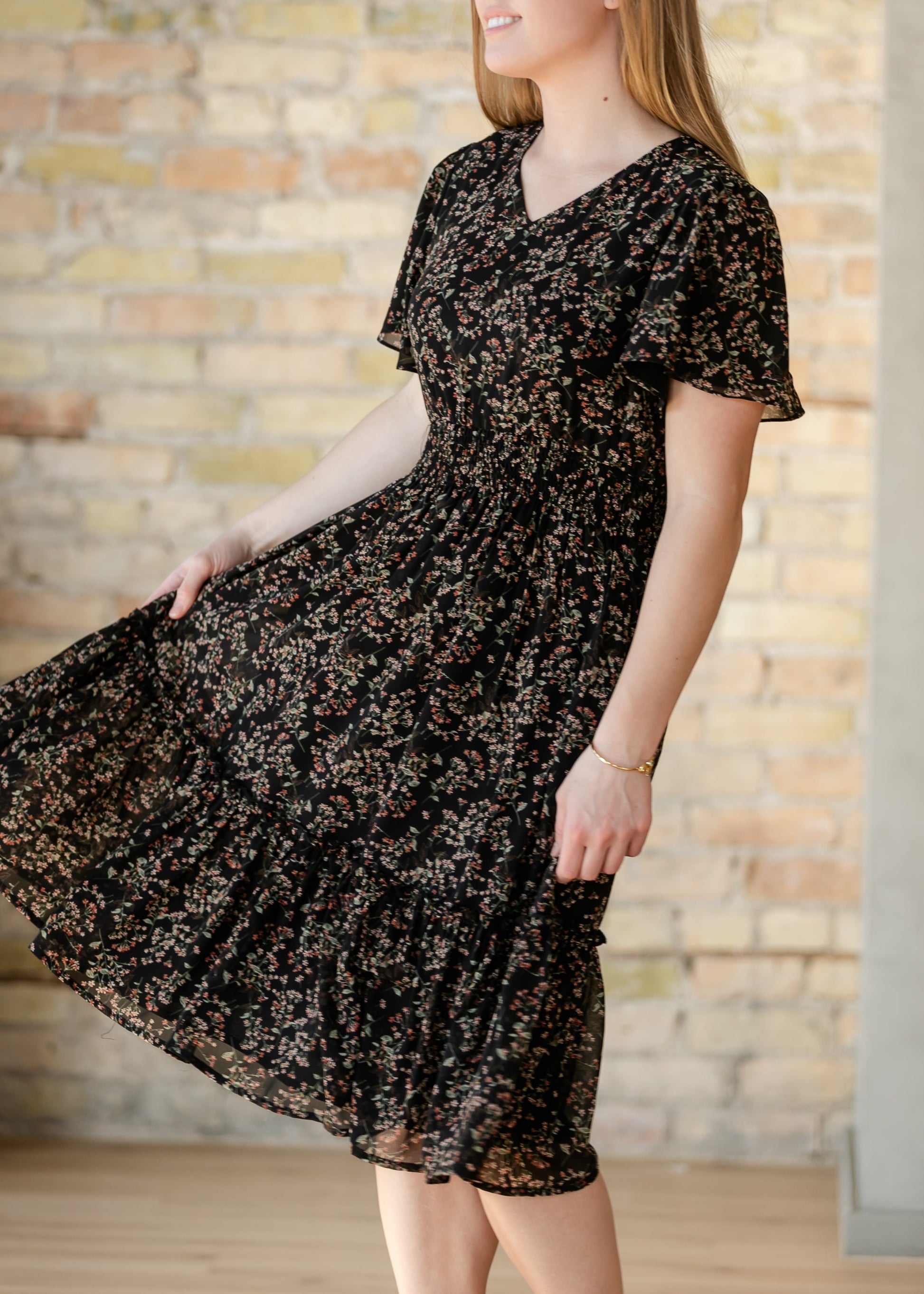 Sophie Black Floral V-Neck Midi Dress IC Dresses