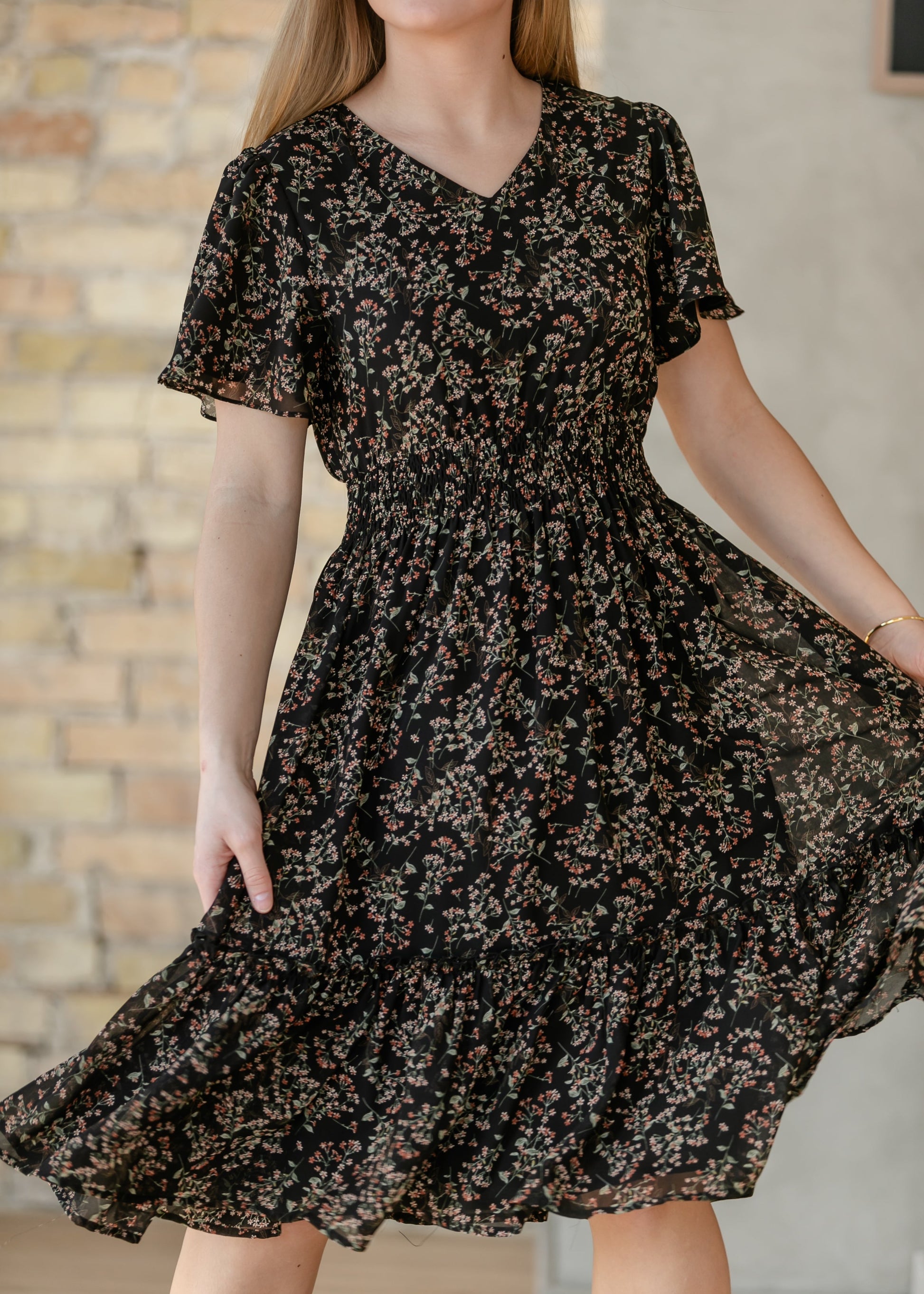 Sophie Black Floral V-Neck Midi Dress IC Dresses