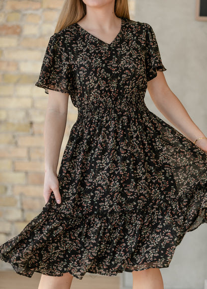 Sophie Black Floral V-Neck Midi Dress IC Dresses