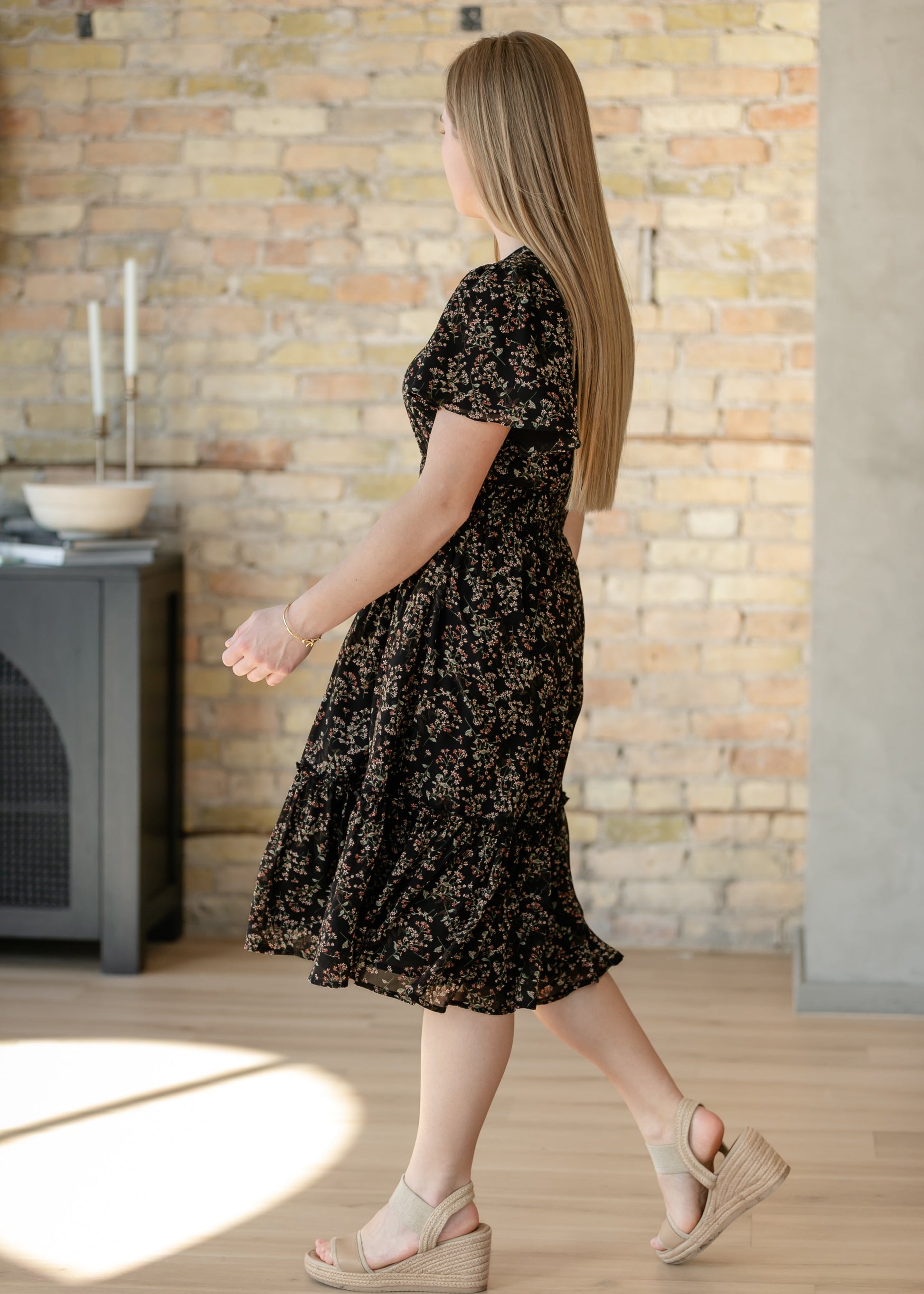 Sophie Black Floral V-Neck Midi Dress IC Dresses