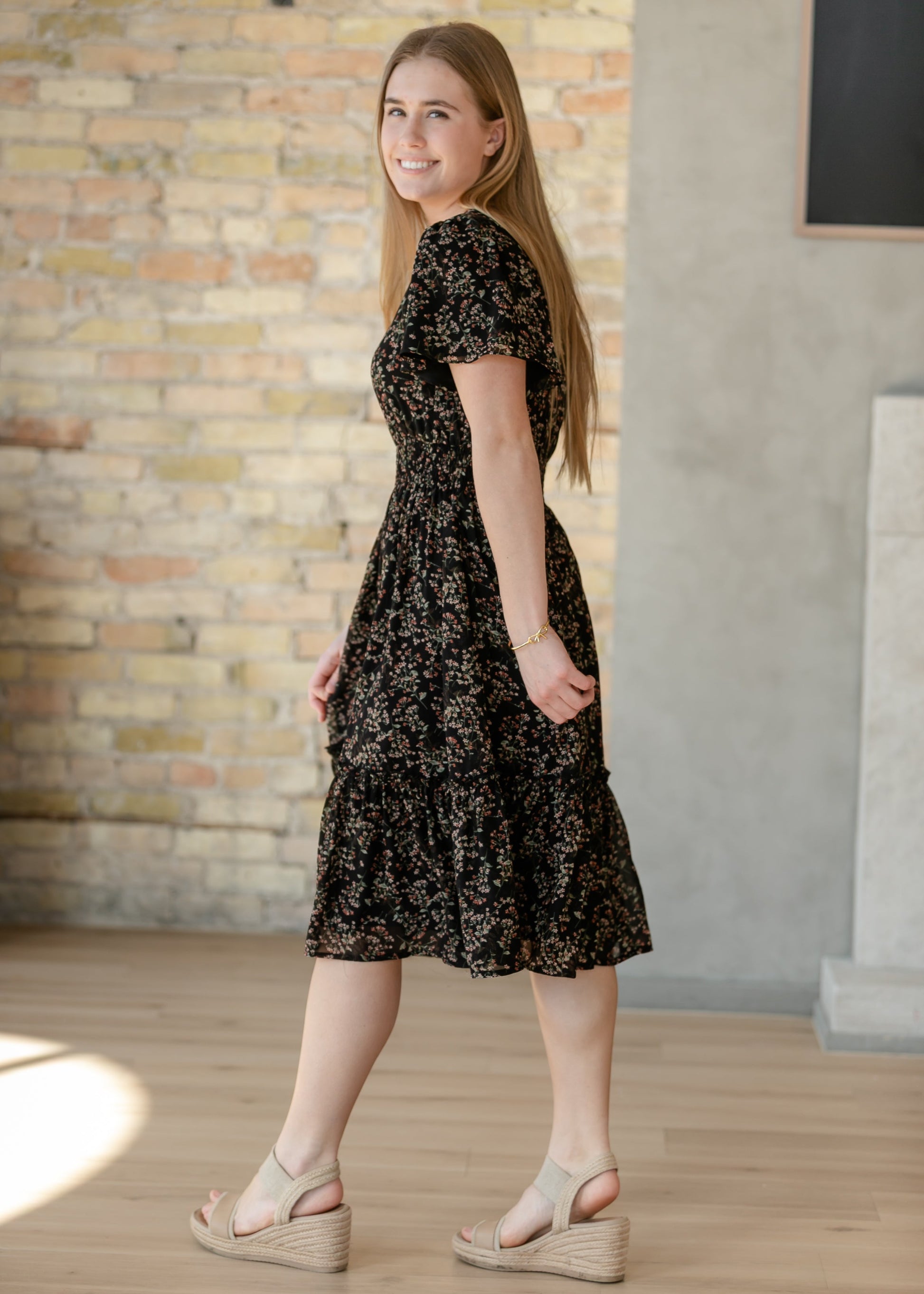 Sophie Black Floral V-Neck Midi Dress IC Dresses