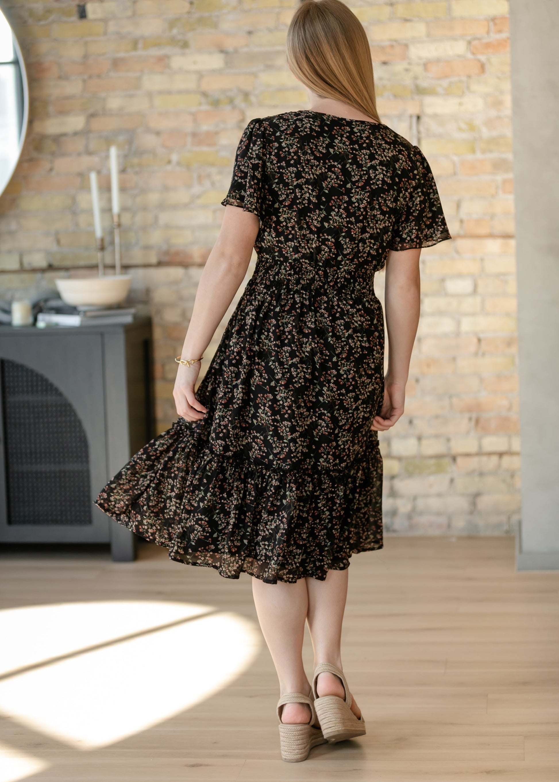 Sophie Black Floral V-Neck Midi Dress IC Dresses