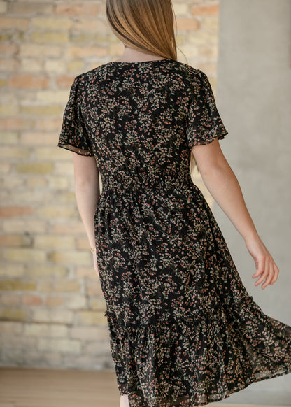 Sophie Black Floral V-Neck Midi Dress IC Dresses