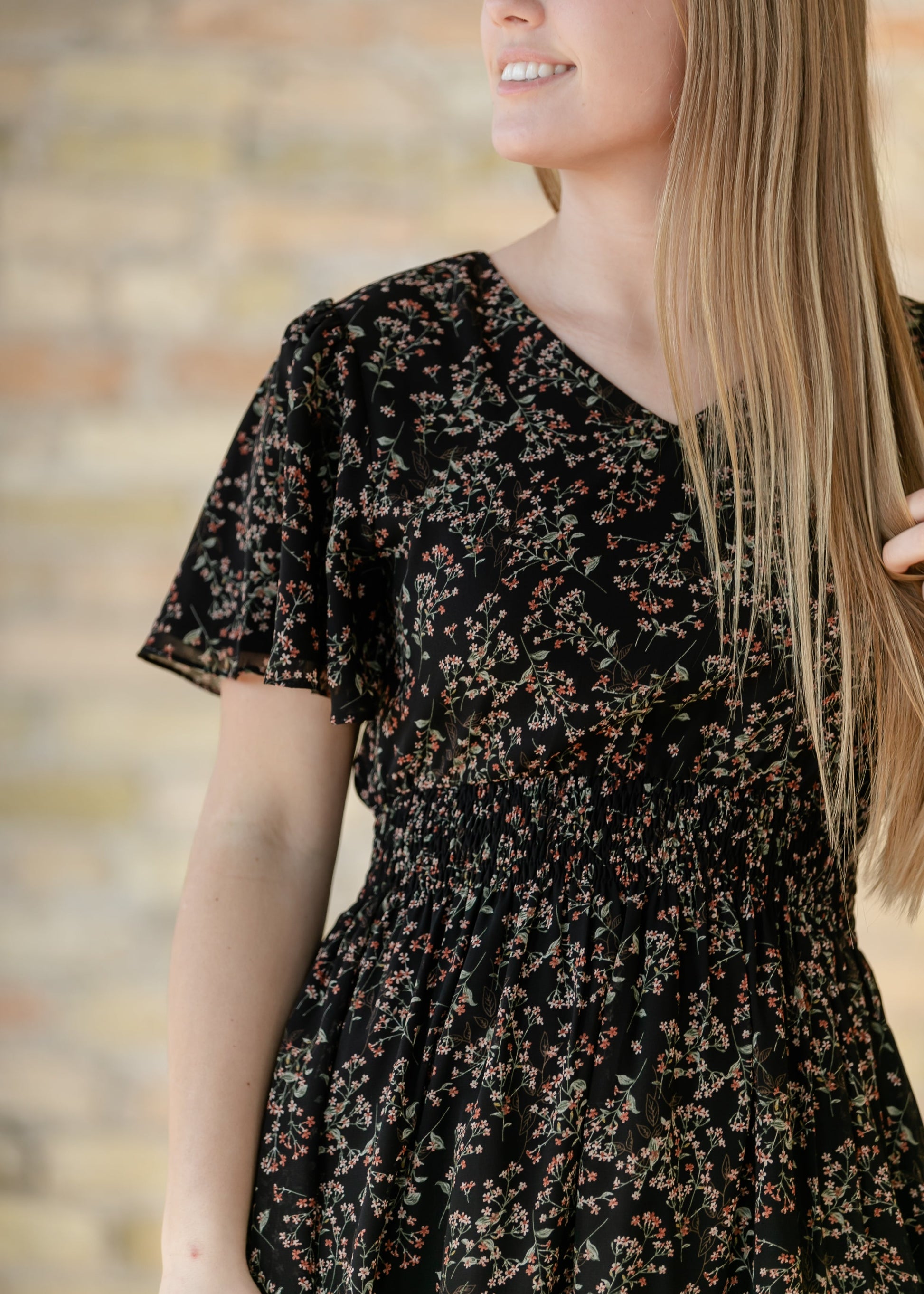 Sophie Black Floral V-Neck Midi Dress IC Dresses
