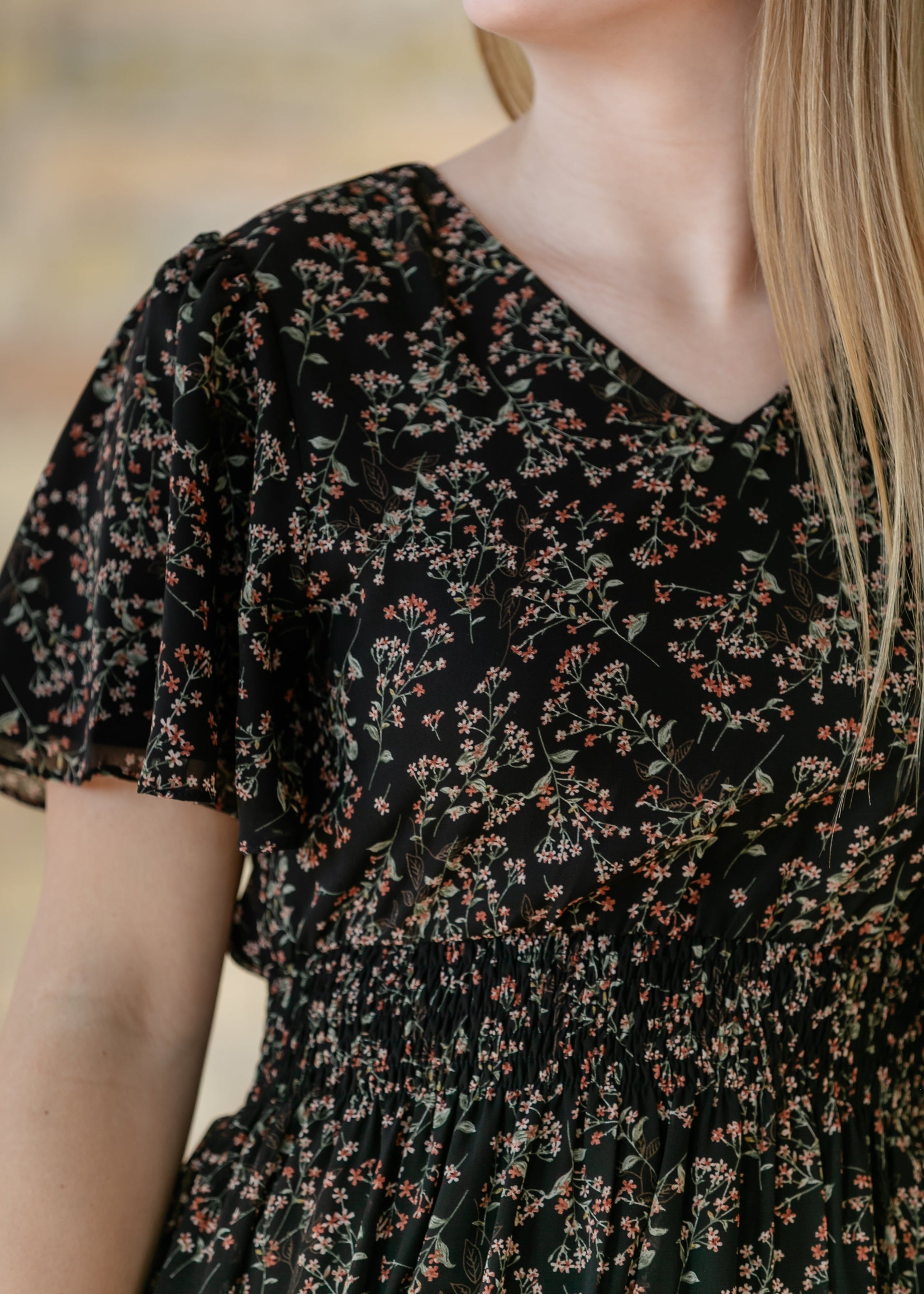 Sophie Black Floral V-Neck Midi Dress IC Dresses