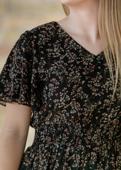 Sophie Black Floral V-Neck Midi Dress IC Dresses