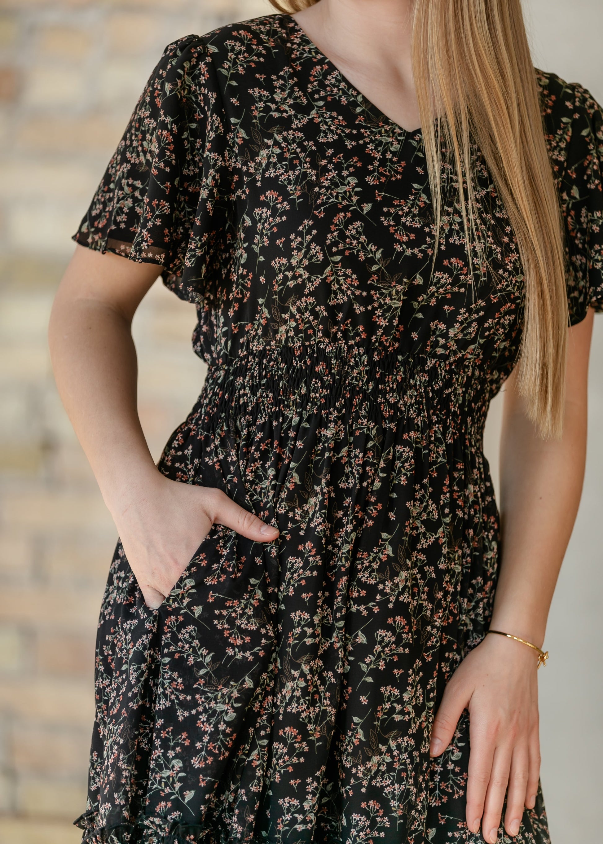 Sophie Black Floral V-Neck Midi Dress IC Dresses