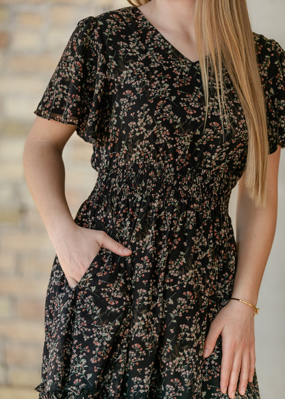Sophie Black Floral V-Neck Midi Dress IC Dresses