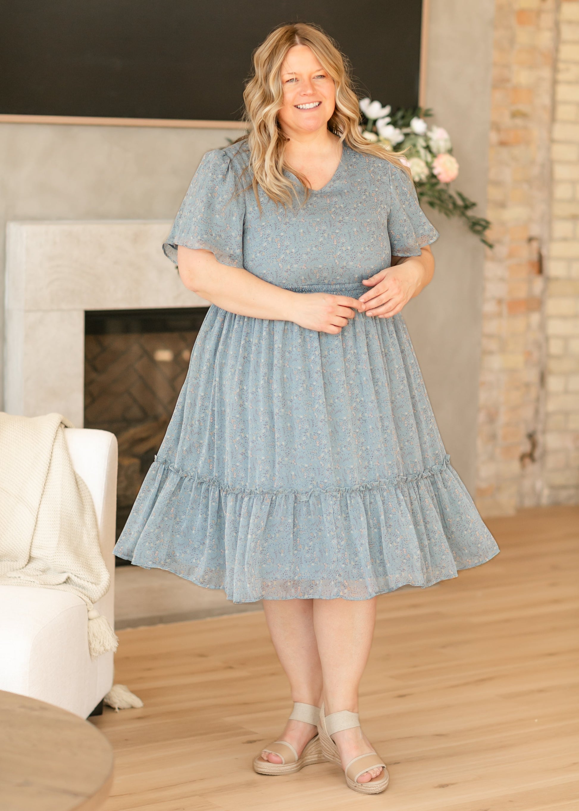 Sophie V Neck Flutter Sleeve Floral Midi Dress IC Dresses