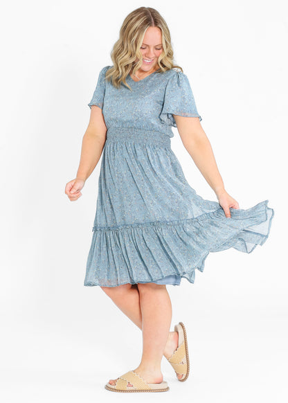 Sophie V Neck Flutter Sleeve Floral Midi Dress IC Dresses