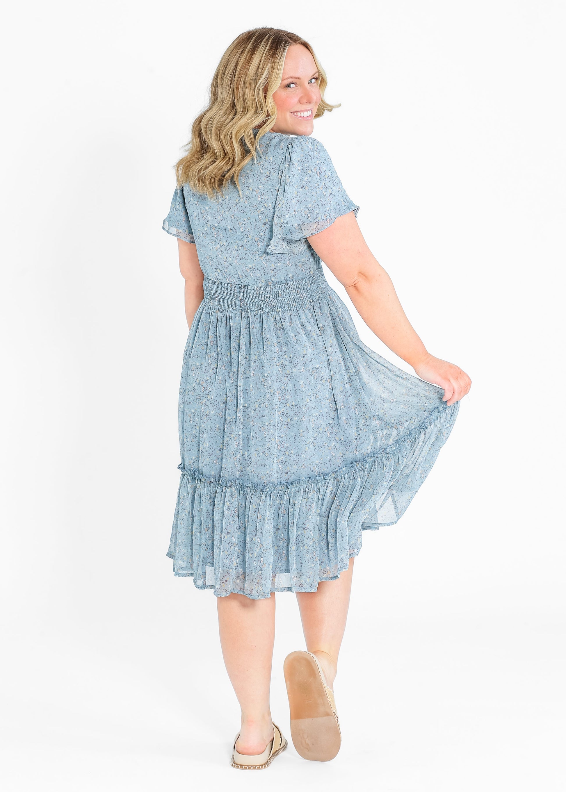 Sophie V Neck Flutter Sleeve Floral Midi Dress IC Dresses